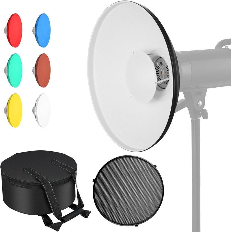 soonpho 21inch/55cm White Metal Beauty Dish Bowens Mount Standard Reflector with Storage Bag,Honeycomb Grid and Six-Color Diffuser for GODOX NEEWER Strobe Flash LED Video Light - Image 1